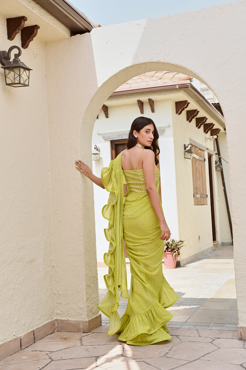Crepe Pastel Green Designer Ruffle Saree WJ101433 | Latest bridal dresses,  Indian gown design, Women wedding guest dresses
